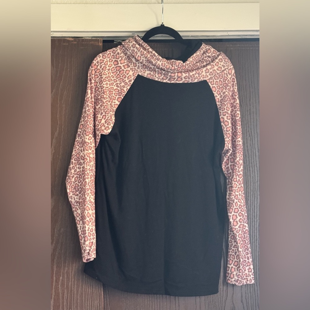 Black Raglan Top with Pink Leopard Sleeves